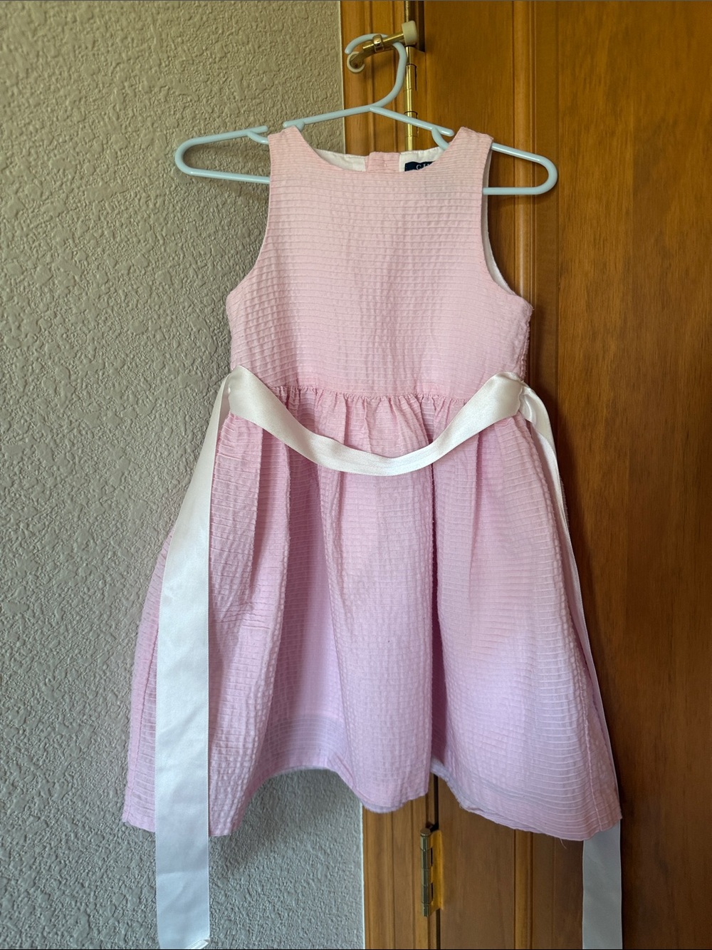 Chaps Pink Textured Sleeveless Party Dress with White Satin Sash